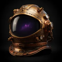 An ornate brass and copper steampunk space helmet, its rounded glass visor reflecting a faint violet nebula